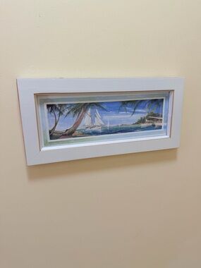 5.5"x12" Framed Tropical Harbor Sailboat Print - White Frame GUC